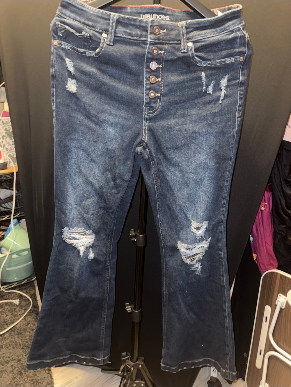 Maurices Distressed Dark Blue Flare Jeans with Button-Fly